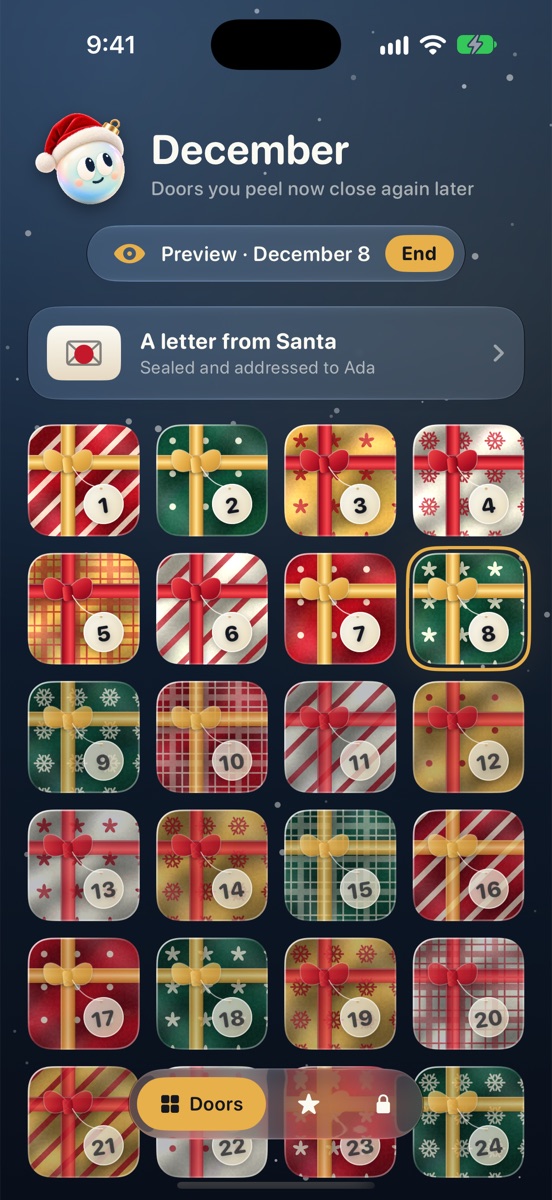 Bauble’s actual December calendar, with numbered wrapped presents in Preview December