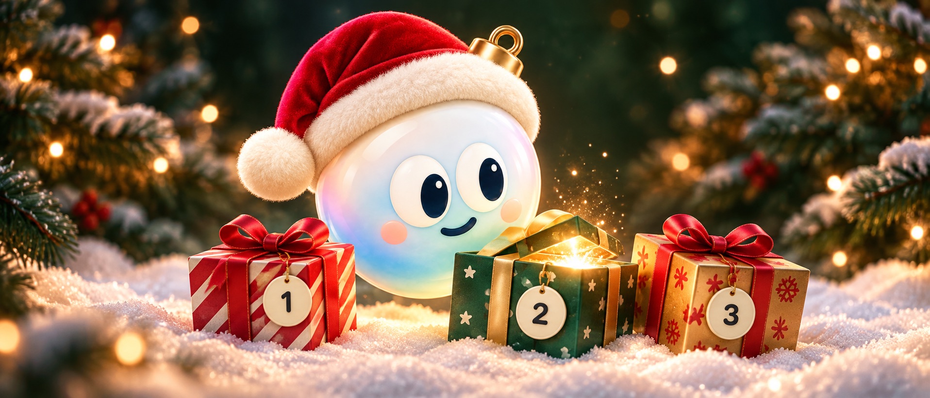 Bauble beside three little Christmas presents in a snowy, twinkling forest