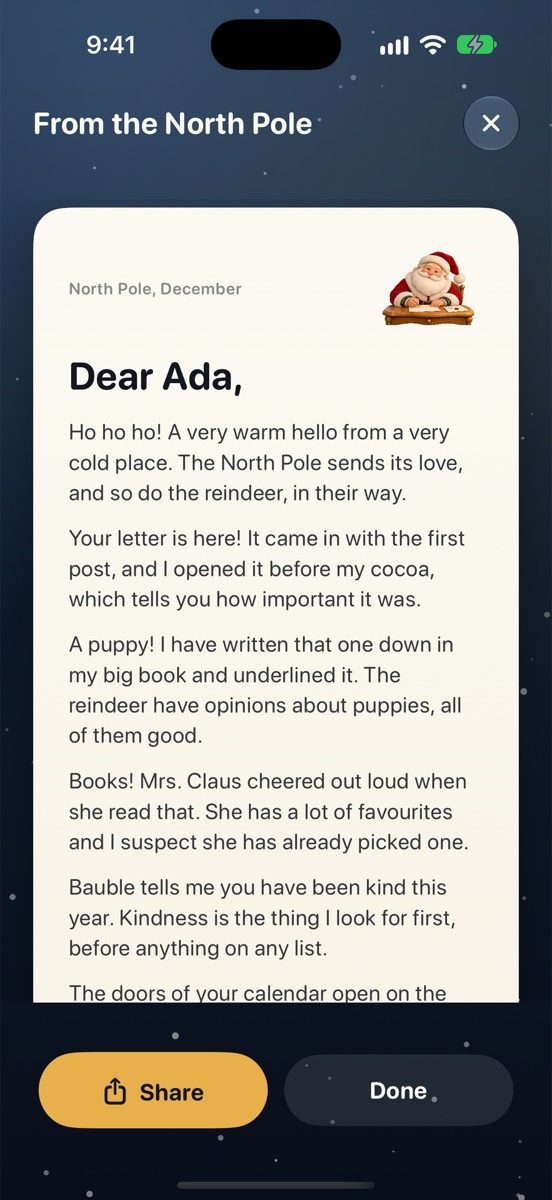 An example personalized Santa reply in Bauble, addressed to Ada